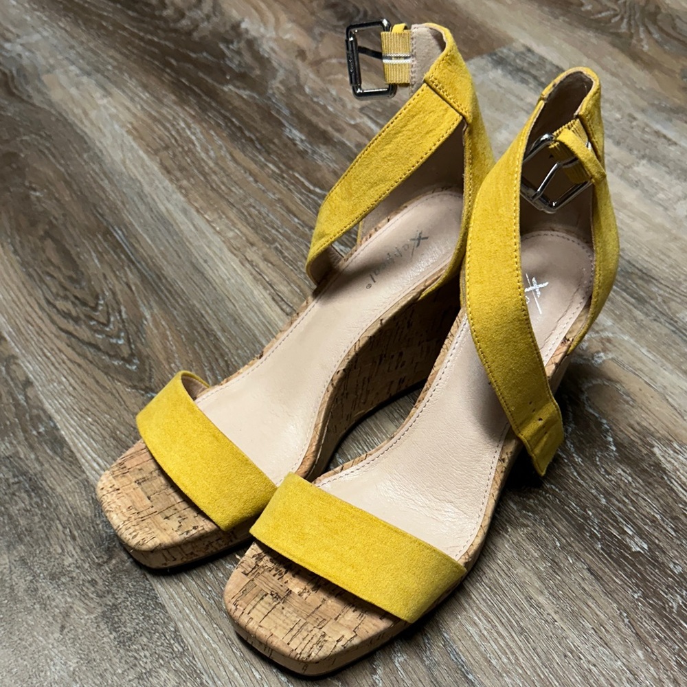 Xappeal Mustard Yellow &Cork Wedge Sandals